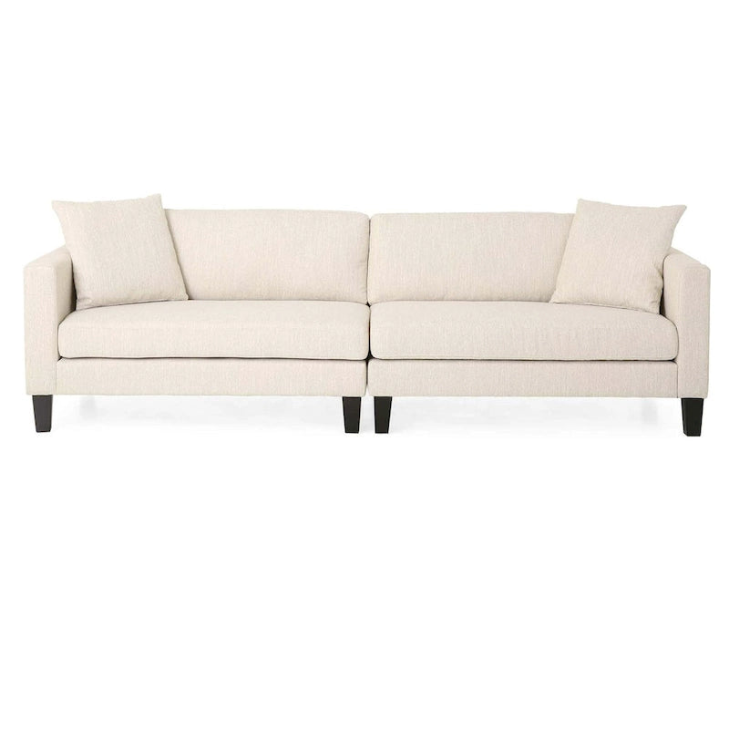 Canapé 3 places beige moderne 101 avec pieds en bois et deux coussins pour salon