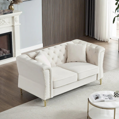 Canapé 2 places en velours beige 60,2 cm avec pieds en métal, 2 coussins, garniture cloutée, structure en bois massif et rembourrage en mousse