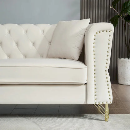 Canapé 2 places en velours beige 60,2 cm avec pieds en métal, 2 coussins, garniture cloutée, structure en bois massif et rembourrage en mousse