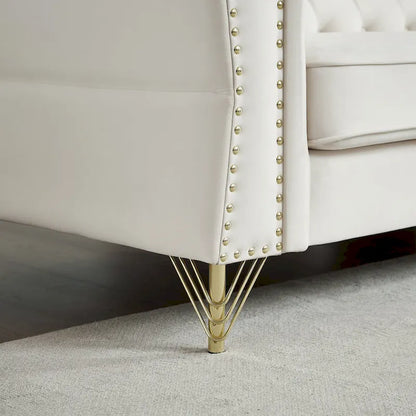 Canapé 2 places en velours beige 60,2 cm avec pieds en métal, 2 coussins, garniture cloutée, structure en bois massif et rembourrage en mousse