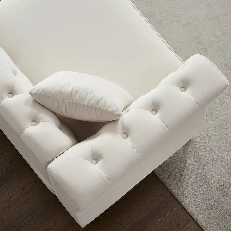 Canapé 2 places en velours beige 60,2 cm avec pieds en métal, 2 coussins, garniture cloutée, structure en bois massif et rembourrage en mousse