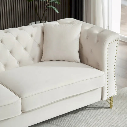 Canapé 2 places en velours beige 60,2 cm avec pieds en métal, 2 coussins, garniture cloutée, structure en bois massif et rembourrage en mousse