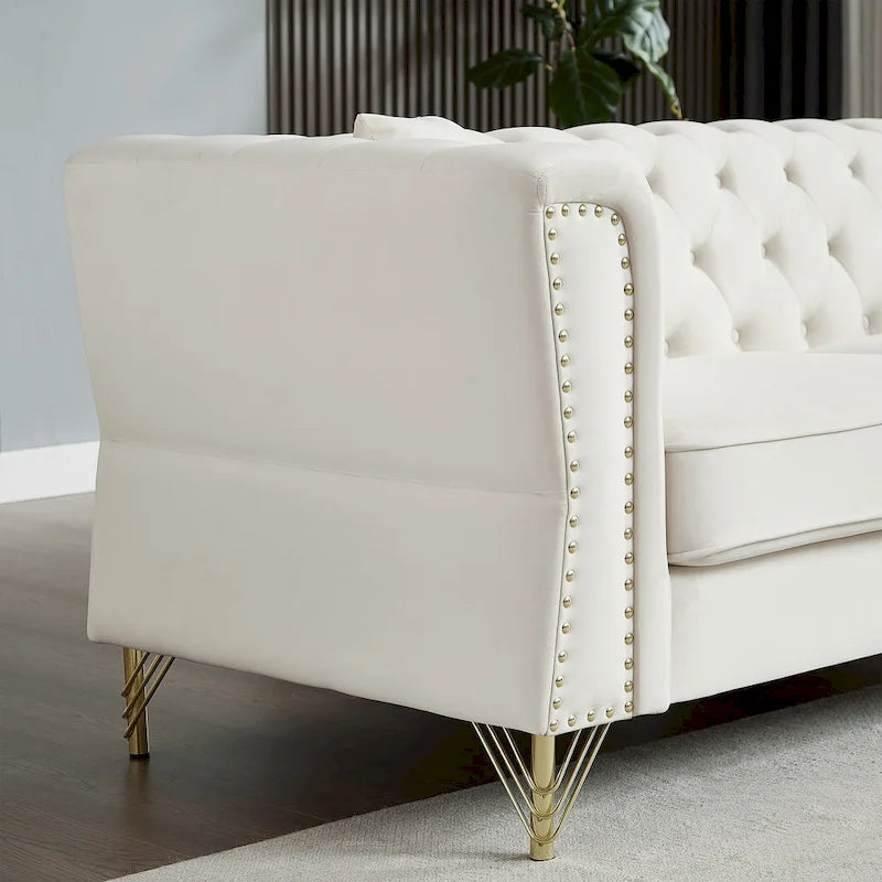 Canapé 2 places en velours beige 60,2 cm avec pieds en métal, 2 coussins, garniture cloutée, structure en bois massif et rembourrage en mousse