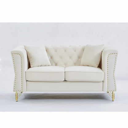 Canapé 2 places en velours beige 60,2 cm avec pieds en métal, 2 coussins, garniture cloutée, structure en bois massif et rembourrage en mousse