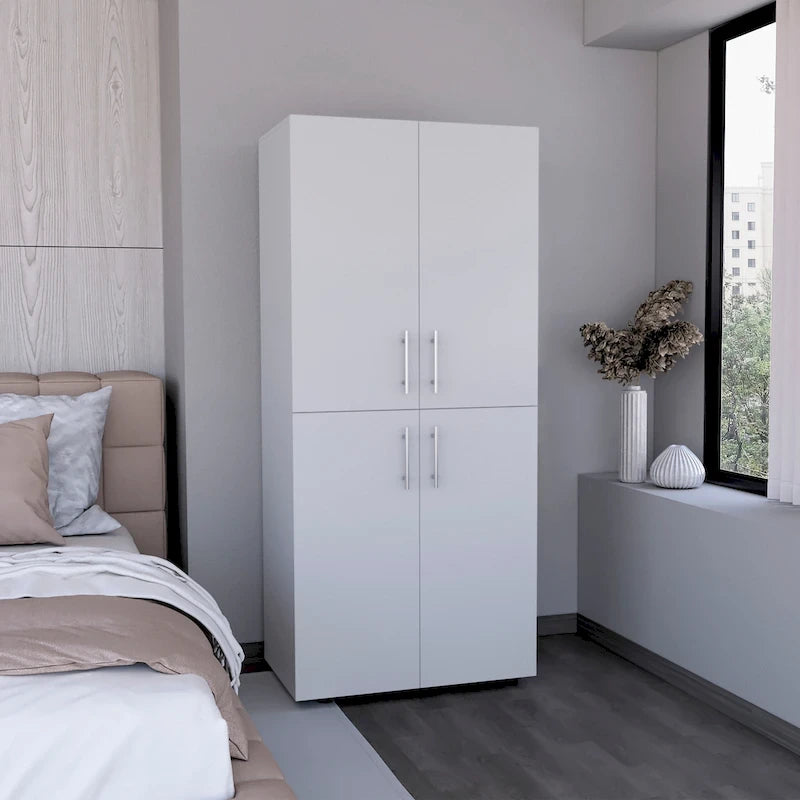 Armoire moderne à quatre portes de 31,5 pouces avec six étagères et deux tringles pour chambre à coucher