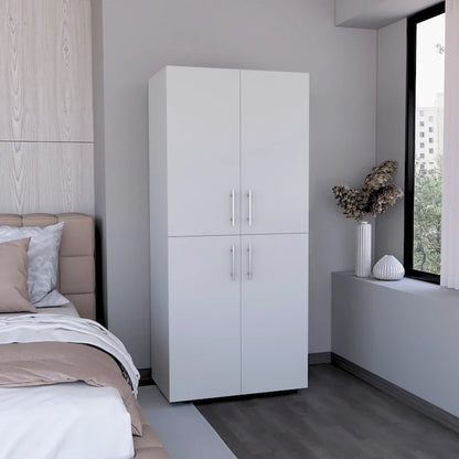 Armoire moderne à quatre portes de 31,5 pouces avec six étagères et deux tringles pour chambre à coucher