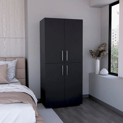 Armoire moderne à quatre portes de 31,5 pouces avec six étagères et deux tringles pour chambre à coucher