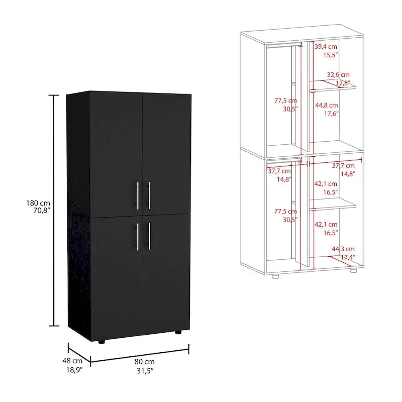 Armoire moderne à quatre portes de 31,5 pouces avec six étagères et deux tringles pour chambre à coucher