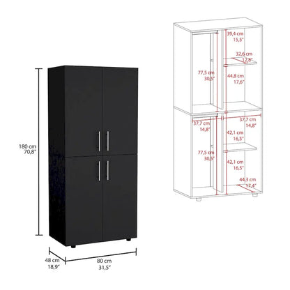 Armoire moderne à quatre portes de 31,5 pouces avec six étagères et deux tringles pour chambre à coucher
