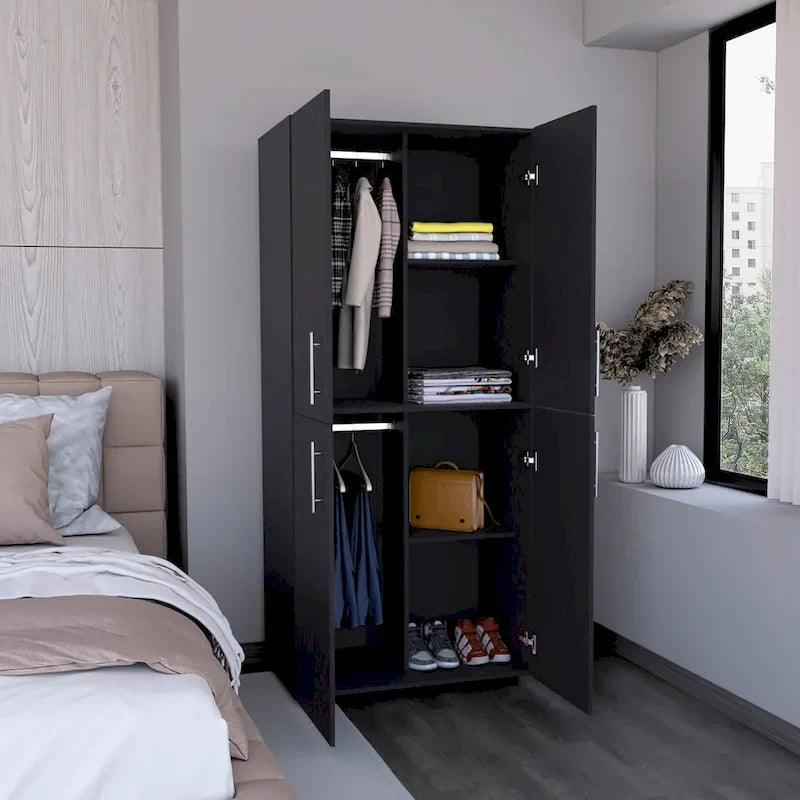 Armoire moderne à quatre portes de 31,5 pouces avec six étagères et deux tringles pour chambre à coucher