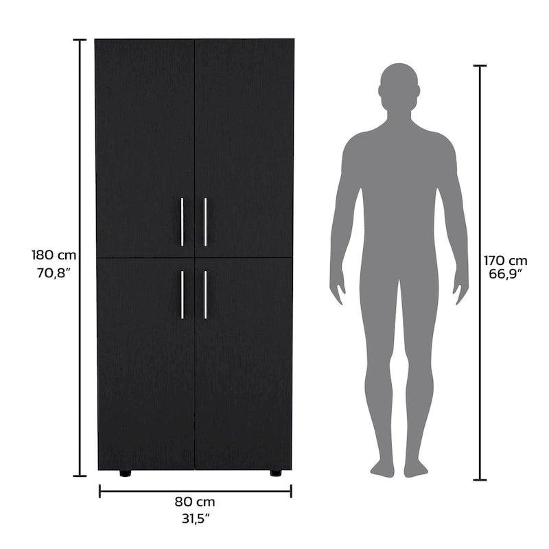 Armoire moderne à quatre portes de 31,5 pouces avec six étagères et deux tringles pour chambre à coucher