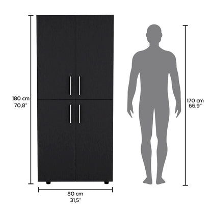 Armoire moderne à quatre portes de 31,5 pouces avec six étagères et deux tringles pour chambre à coucher