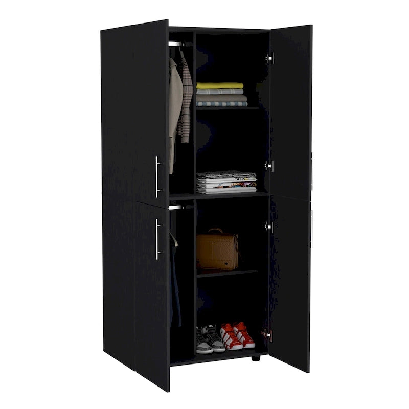 Armoire moderne à quatre portes de 31,5 pouces avec six étagères et deux tringles pour chambre à coucher