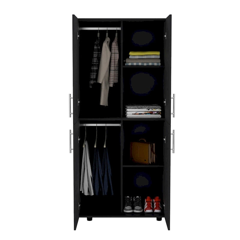 Armoire moderne à quatre portes de 31,5 pouces avec six étagères et deux tringles pour chambre à coucher