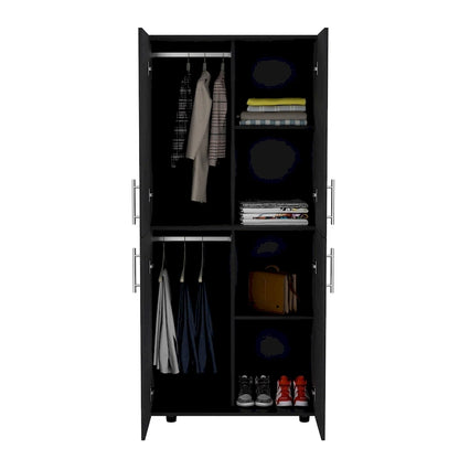 Armoire moderne à quatre portes de 31,5 pouces avec six étagères et deux tringles pour chambre à coucher
