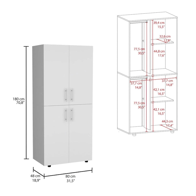 Armoire moderne à quatre portes de 31,5 pouces avec six étagères et deux tringles pour chambre à coucher