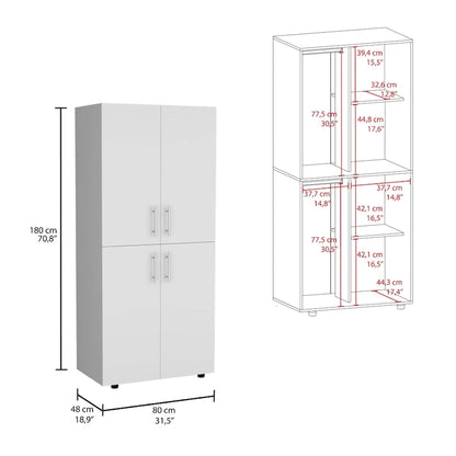 Armoire moderne à quatre portes de 31,5 pouces avec six étagères et deux tringles pour chambre à coucher