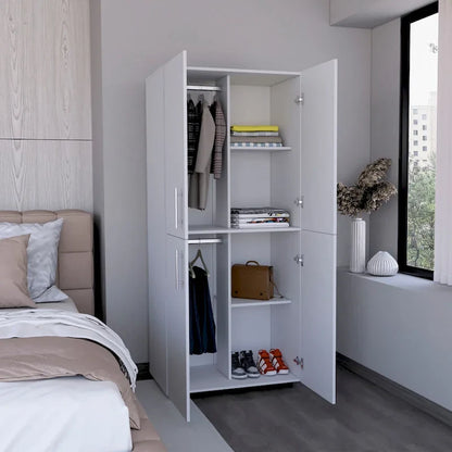 Armoire moderne à quatre portes de 31,5 pouces avec six étagères et deux tringles pour chambre à coucher