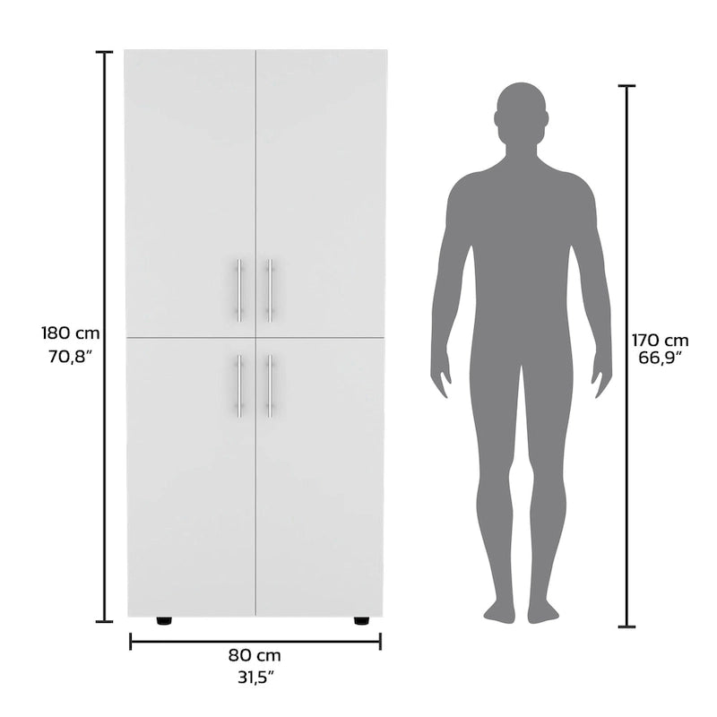 Armoire moderne à quatre portes de 31,5 pouces avec six étagères et deux tringles pour chambre à coucher
