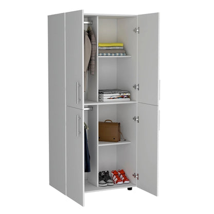 Armoire moderne à quatre portes de 31,5 pouces avec six étagères et deux tringles pour chambre à coucher