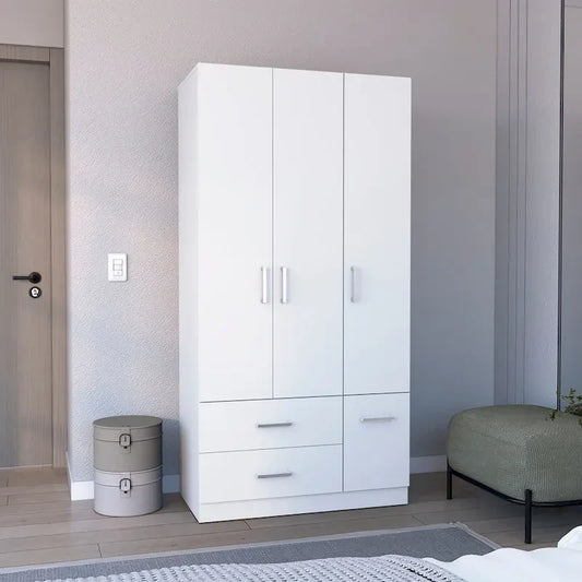 Armoire moderne à quatre portes de 18,7 pouces avec tringle, deux tiroirs et six étagères