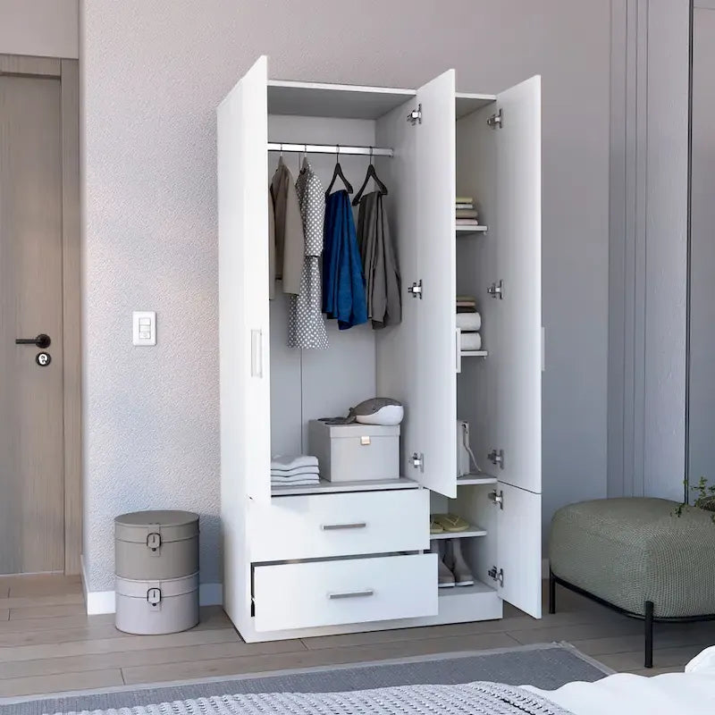 Armoire moderne à quatre portes de 18,7 pouces avec tringle, deux tiroirs et six étagères