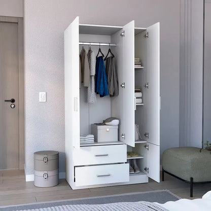 Armoire moderne à quatre portes de 18,7 pouces avec tringle, deux tiroirs et six étagères