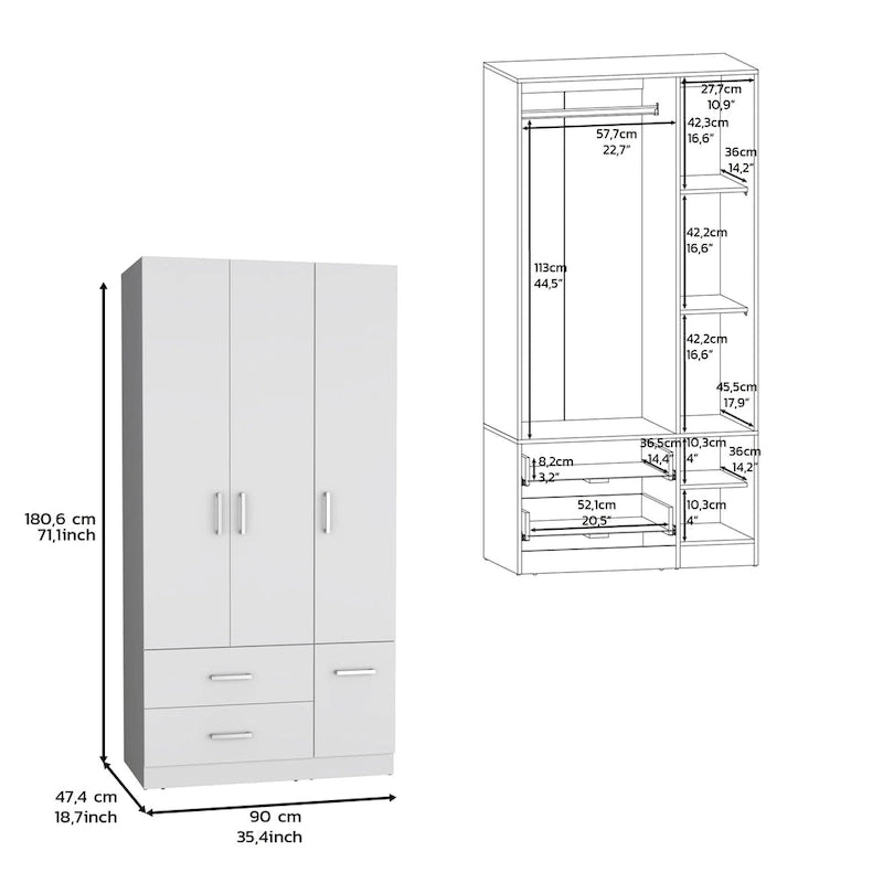 Armoire moderne à quatre portes de 18,7 pouces avec tringle, deux tiroirs et six étagères
