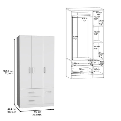 Armoire moderne à quatre portes de 18,7 pouces avec tringle, deux tiroirs et six étagères