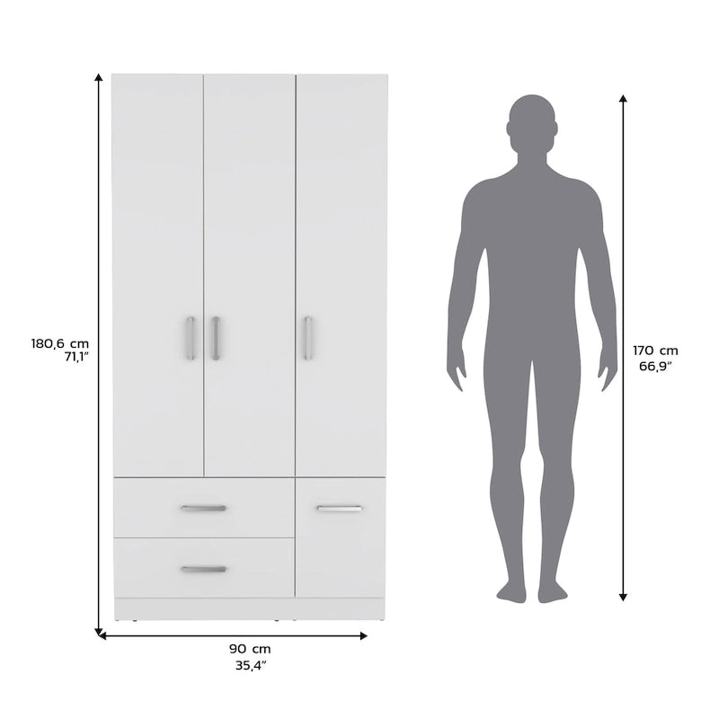 Armoire moderne à quatre portes de 18,7 pouces avec tringle, deux tiroirs et six étagères