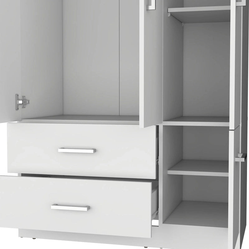 Armoire moderne à quatre portes de 18,7 pouces avec tringle, deux tiroirs et six étagères