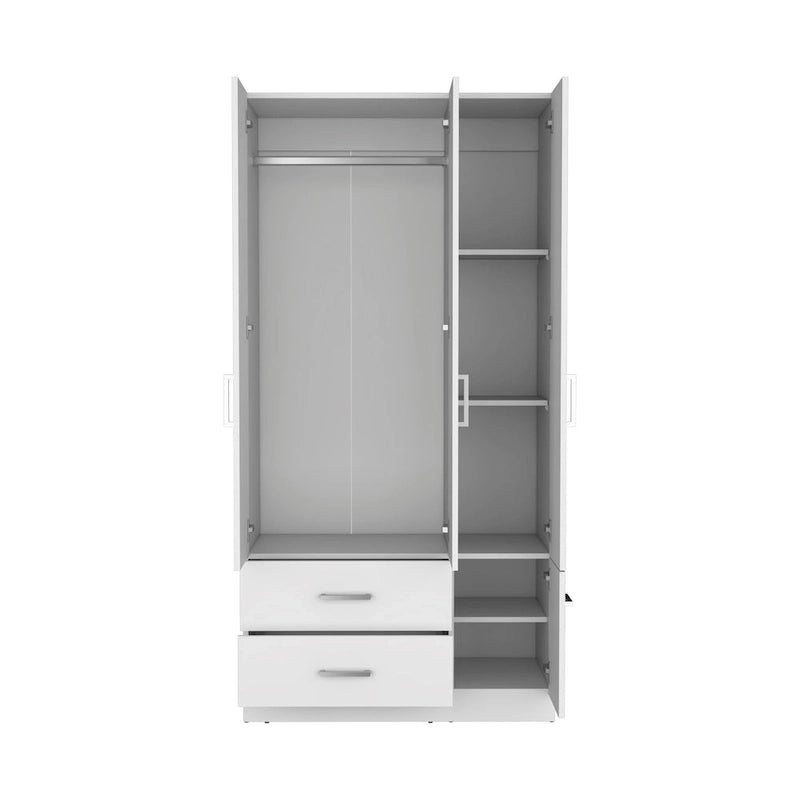 Armoire moderne à quatre portes de 18,7 pouces avec tringle, deux tiroirs et six étagères