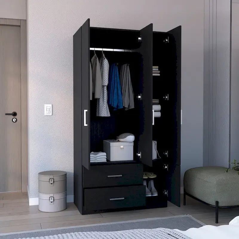 Armoire moderne à quatre portes de 18,7 pouces avec tringle, deux tiroirs et six étagères