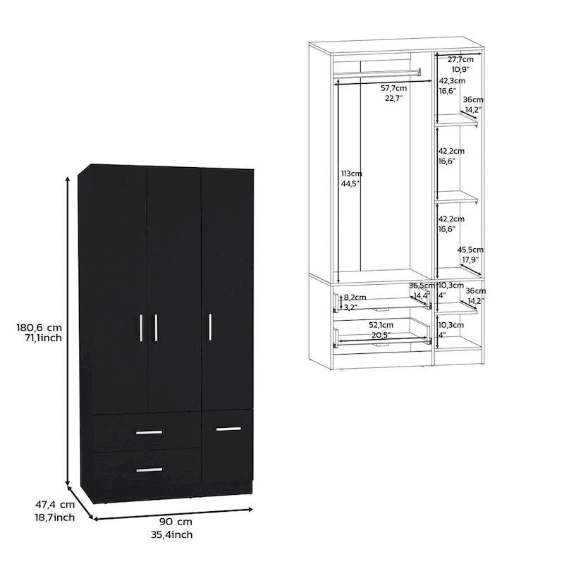 Armoire moderne à quatre portes de 18,7 pouces avec tringle, deux tiroirs et six étagères