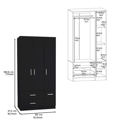 Armoire moderne à quatre portes de 18,7 pouces avec tringle, deux tiroirs et six étagères