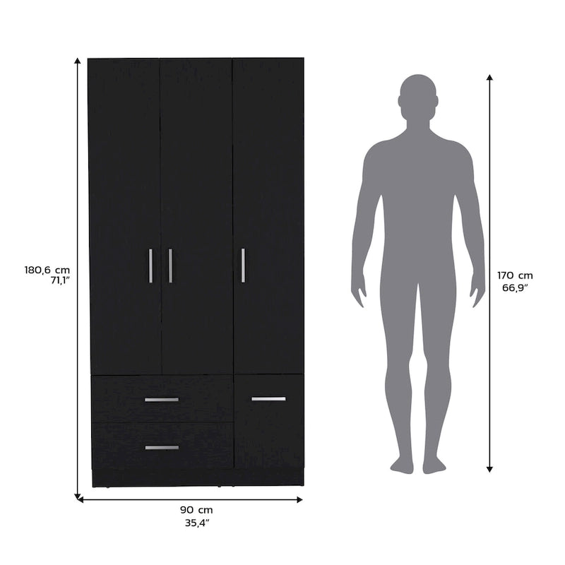 Armoire moderne à quatre portes de 18,7 pouces avec tringle, deux tiroirs et six étagères