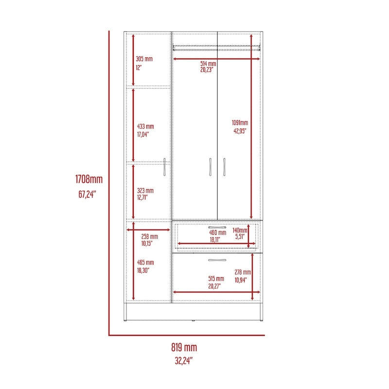 Armoire moderne à double porte de 18,5 pouces avec tringle métallique, un tiroir et cinq étagères