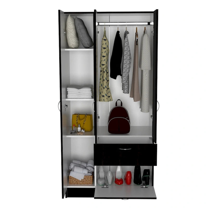Armoire moderne à double porte de 18,5 pouces avec tringle métallique, un tiroir et cinq étagères