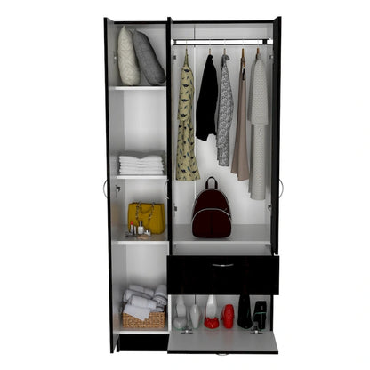 Armoire moderne à double porte de 18,5 pouces avec tringle métallique, un tiroir et cinq étagères