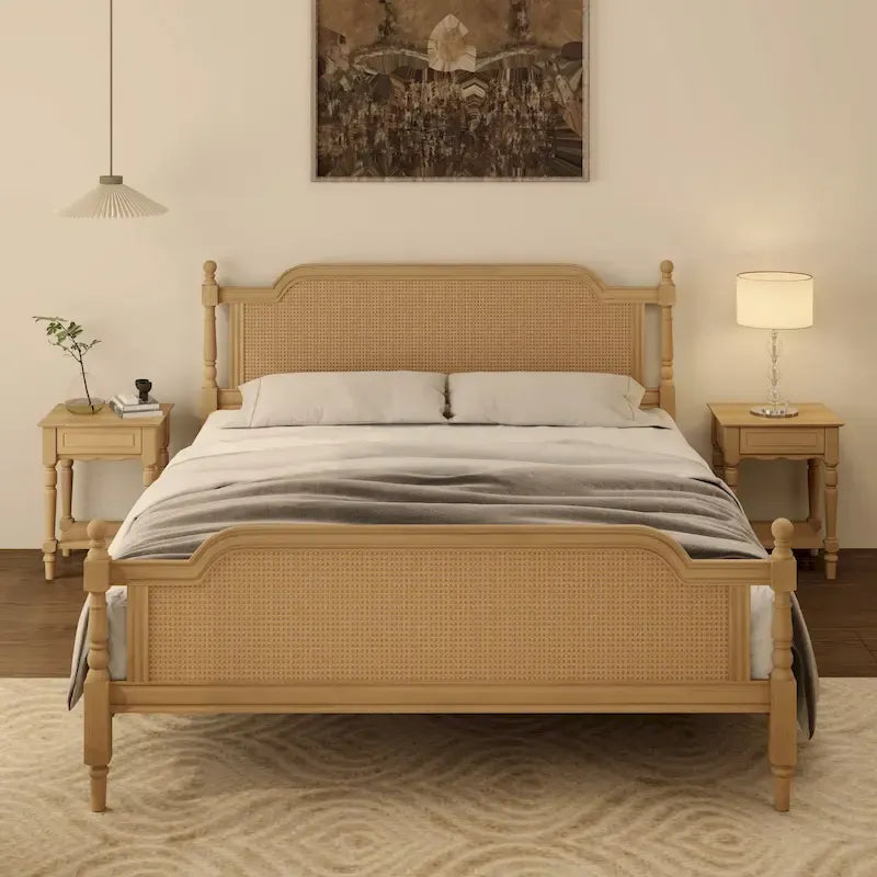 Lit plateforme traditionnel King Size avec tête et pied de lit en rotin