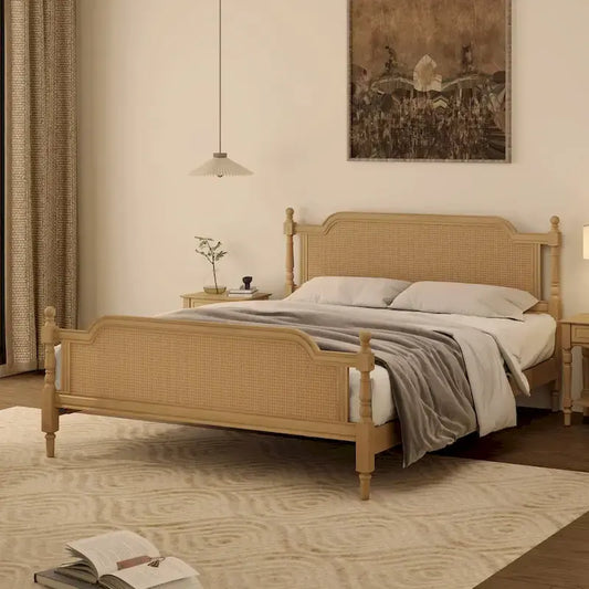 Lit plateforme traditionnel King Size avec tête et pied de lit en rotin
