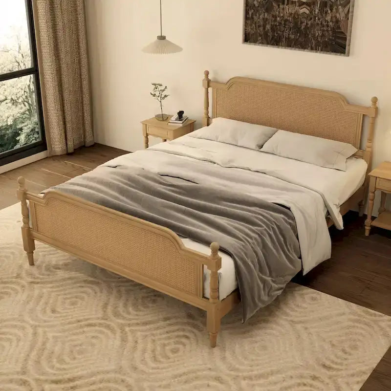 Lit plateforme traditionnel King Size avec tête et pied de lit en rotin