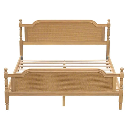 Lit plateforme traditionnel King Size avec tête et pied de lit en rotin