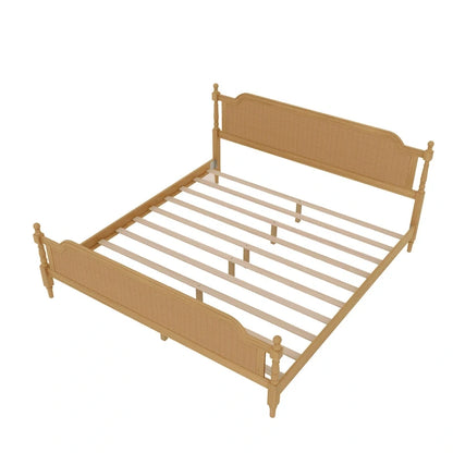 Lit plateforme traditionnel King Size avec tête et pied de lit en rotin