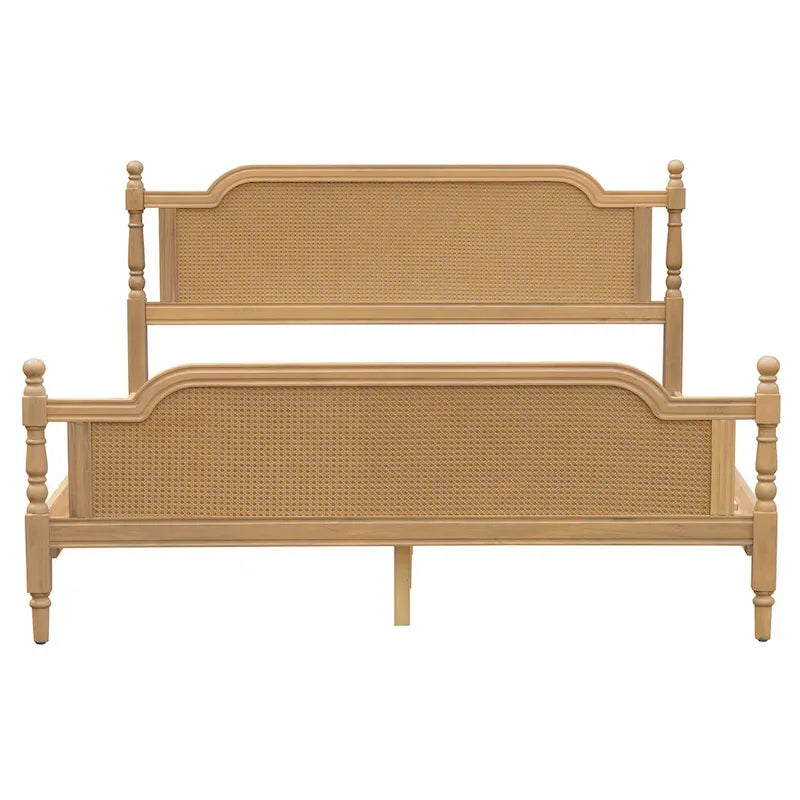 Lit plateforme traditionnel King Size avec tête et pied de lit en rotin