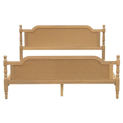 Lit plateforme traditionnel King Size avec tête et pied de lit en rotin