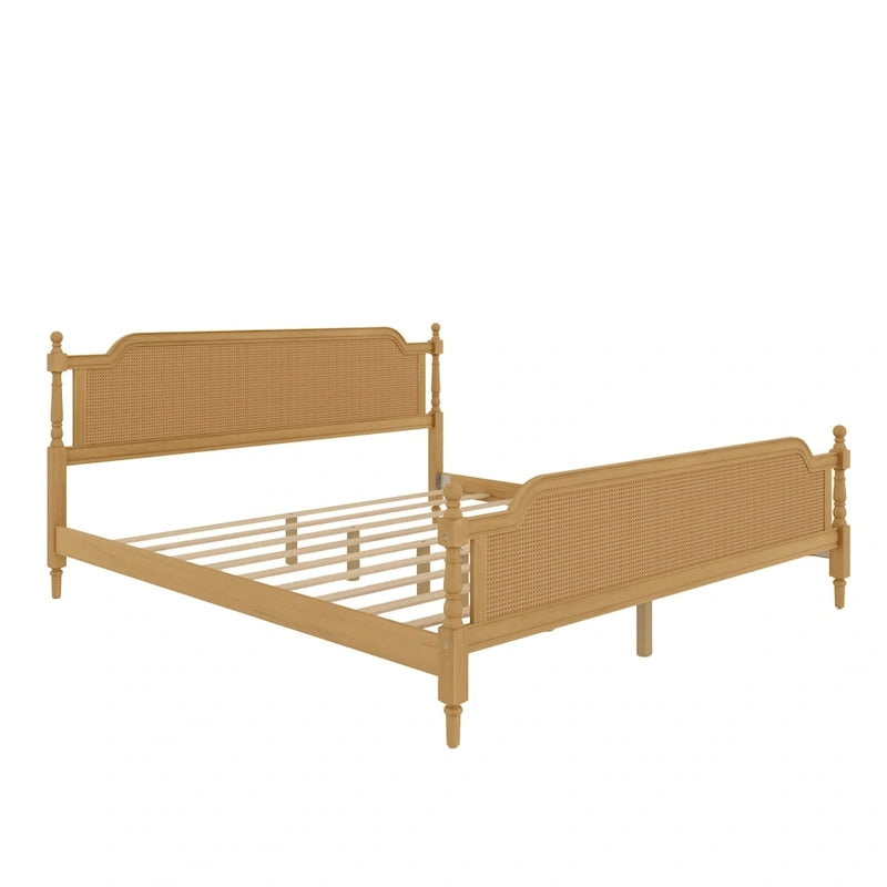 Lit plateforme traditionnel King Size avec tête et pied de lit en rotin