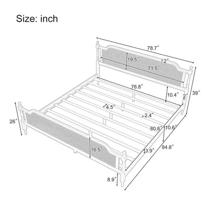 Lit plateforme traditionnel King Size avec tête et pied de lit en rotin