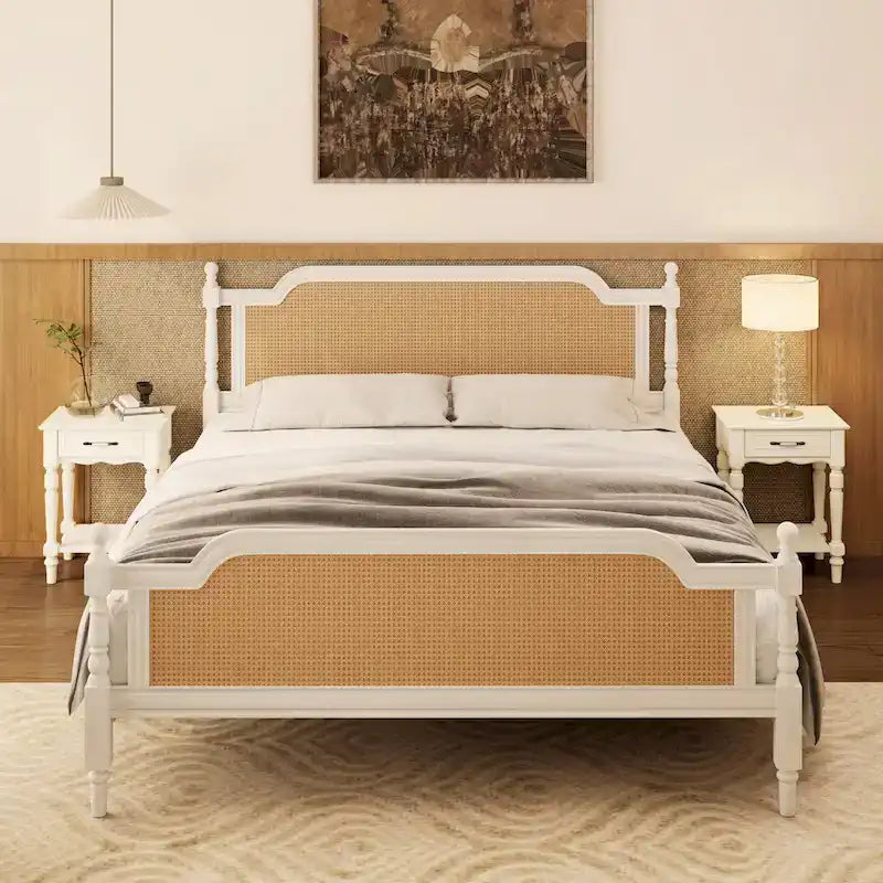 Lit plateforme traditionnel King Size avec tête et pied de lit en rotin