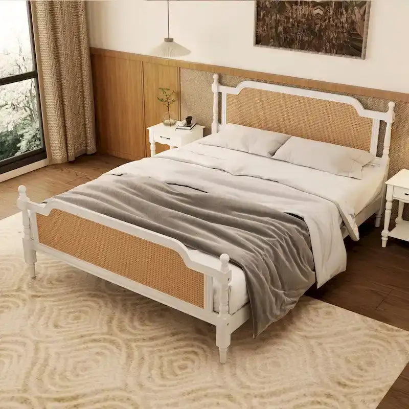 Lit plateforme traditionnel King Size avec tête et pied de lit en rotin
